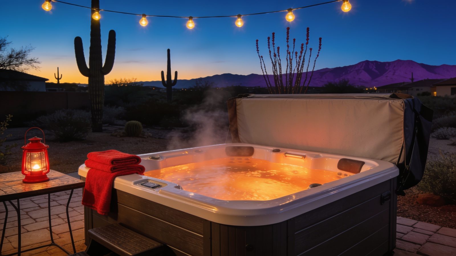 Hot tub steaming at dusk in a desert backyard with string lights